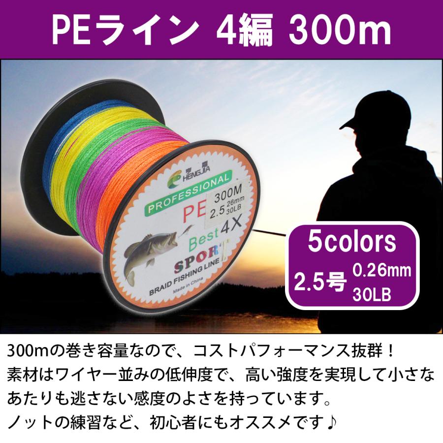 低伸度/高強度 300m PEライン 2.5号/30lb 5色 マルチカラー MIX 投げ