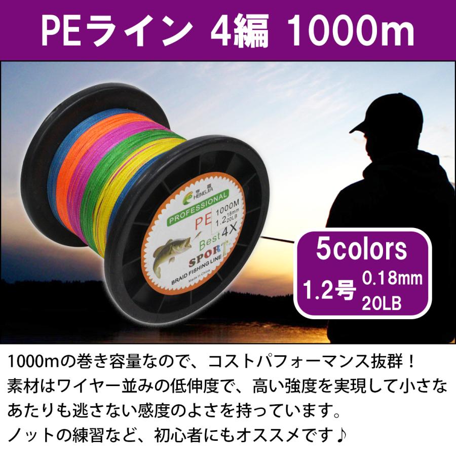 低伸度/高強度 1000m PEライン 1.2号/20lb 5色 マルチカラー MIX 投げ