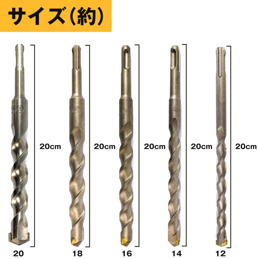 5本 セット コンクリート ドリル 刃 全長200mm 刃径 12mm 14mm 16mm