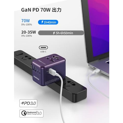 70W 急速充電MOMAX 変換プラグ PD GaN 急速充電 海外旅行用電源変換