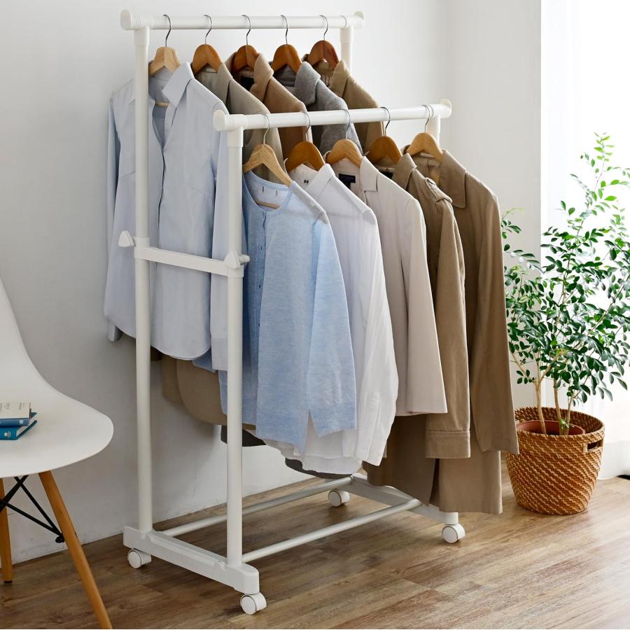 [山善] ハンガーラック キャスター付き 縦伸縮 ダブル 幅75×奥行43×高さ89-152cm 組立品 オールホワイト MKS-W (AWH)