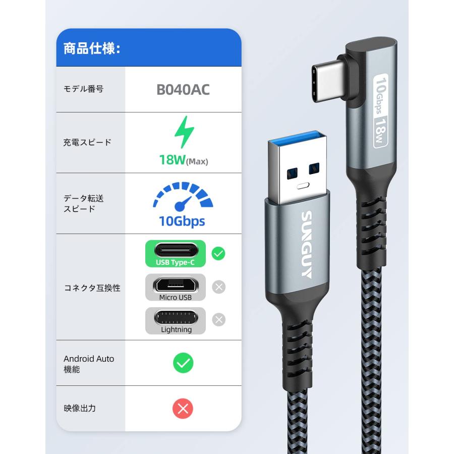 SUNGUY USB Type C ケーブル USB-A to USB-C 0.3M L字 USB3.1 Gen2
