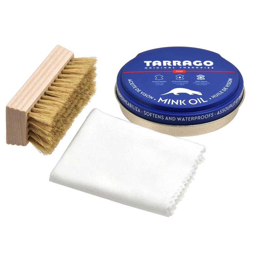 ♯77 ダークアーツ社ホワイトブラシ　5.9 多少のフットマークのみの極美品 Tarrago] ブラシとクロス付き ミンクオイル セット 靴磨き 革ジャン
