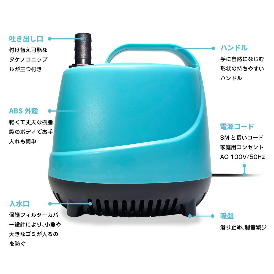Tencen 水中ポンプ 小型 循環ポンプ 電源コード3M 45W 排水量
