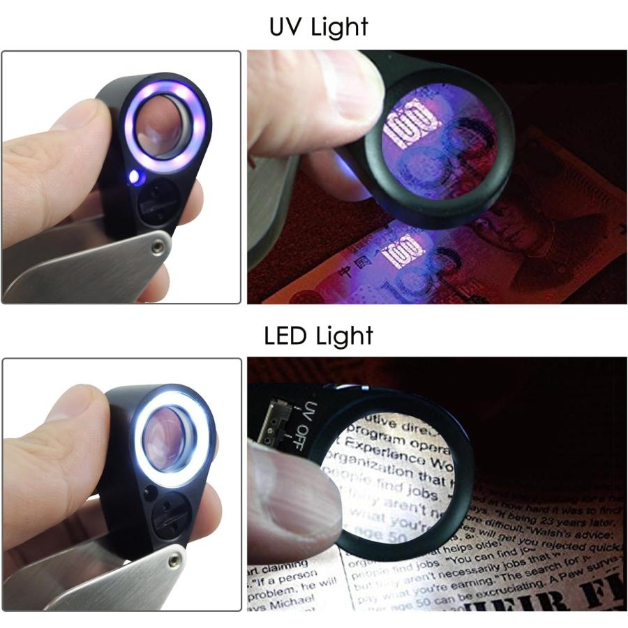 TEKCOPLUS 折り畳み式 ルーペ 21 mm トリプレットレンズ 倍率30x 倍 拡大鏡 ルーペ LEDとUVライト付き 時計作り コイン