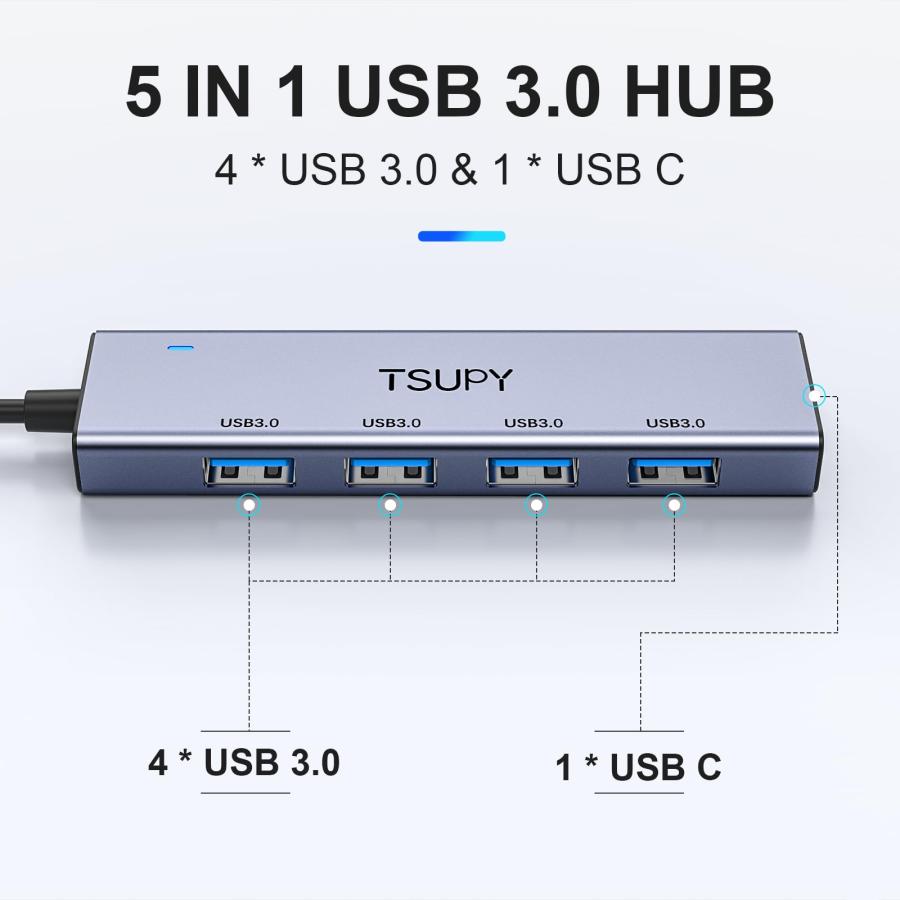 TSUPY アルミ USB ハブ5ポート拡張 120cm 延長ケーブルUSB3.0ハブ5V/3A