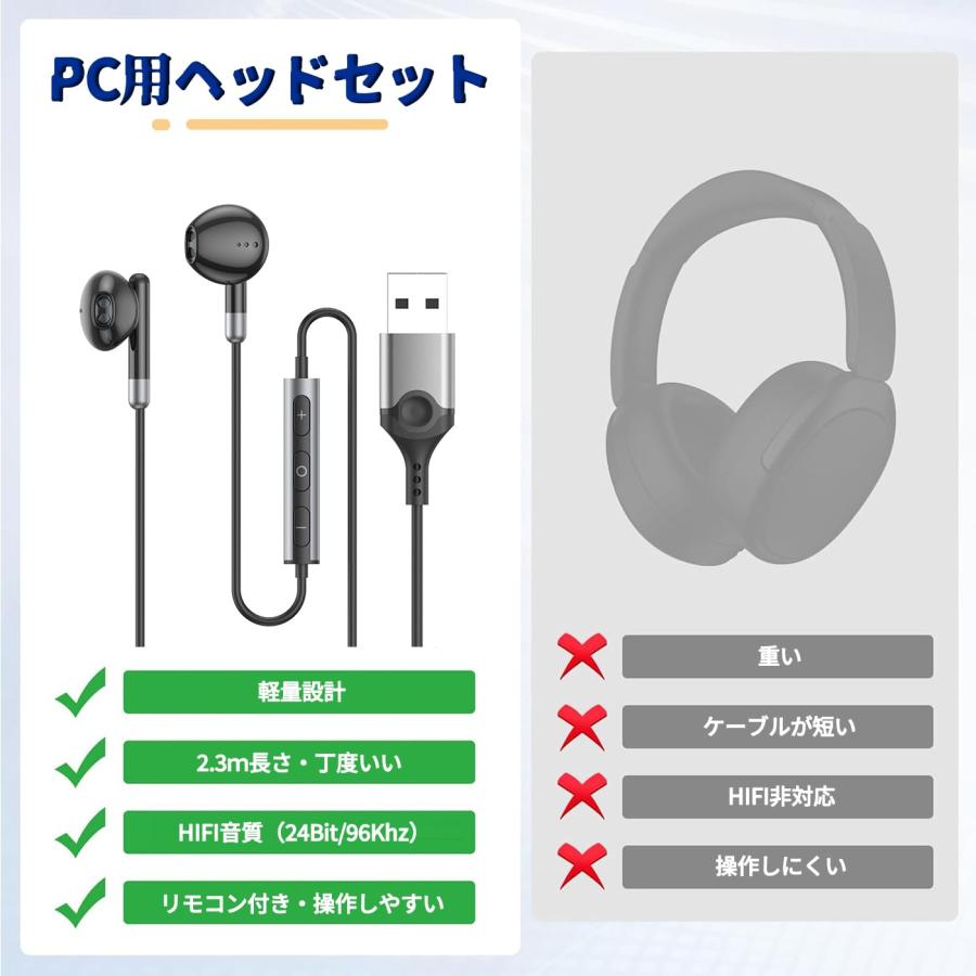 イヤホン マイク USB 有線 ヘッドセット 2.3m マイク付きイヤホン 通話