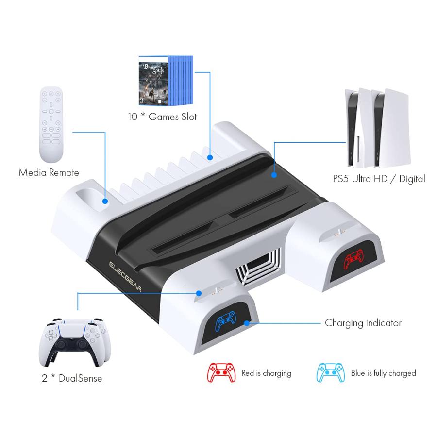 ElecGear PS5縦置きスタンドおよび冷却ファン、DualSenseワイヤレス 