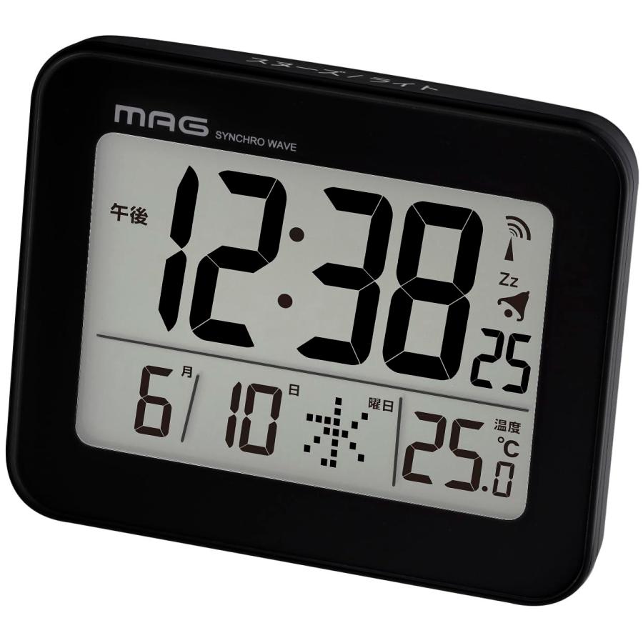 MAG(マグ) 目覚まし時計 置き時計 小型 小さい デジタル 電波時計 温度計 カレンダー 電子音 アラーム スヌーズ ライト ブラック ファ の商品画像