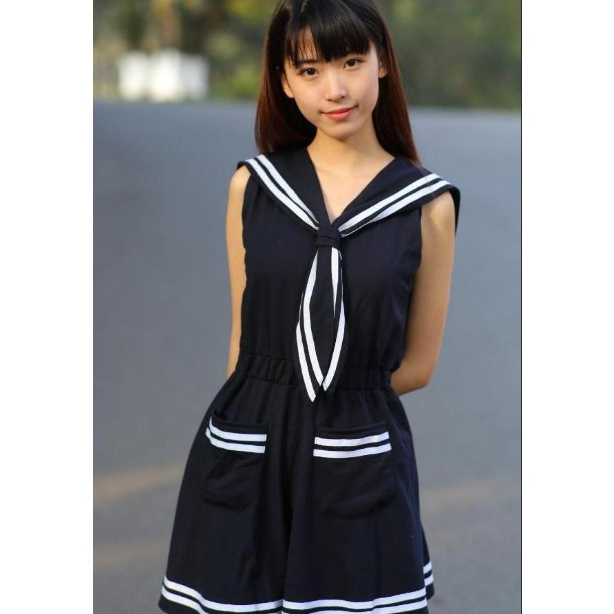 夏 ワンピース セーラー服 マリン風ドレス ひざ丈 ノースリーブ 女子中高生 学院風 コスプレ仮装 Jk制服cosplay カジュアルウェア 2枚送料無料 5 A S K 通販 Yahoo ショッピング