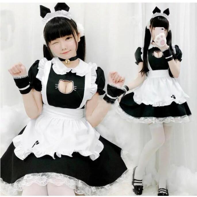 メイド服 ウェイトレス コスプレ 可愛い 猫ちゃん コスチューム レディース ワンピース エプロン ロリータ服 髪飾り フルセット Cosplay ハロウィーン 最大85 オフ