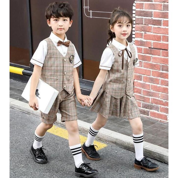 キッズ子供服 ジュニア 幼稚園園服 上下セットアップ 男の子女の子シャツベストパンツスカート チェック柄 イギリス風 発表会学園祭文化祭 二枚送料無料 D A S K 通販 Yahoo ショッピング