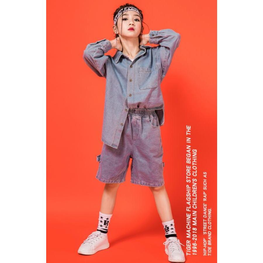 デポー キッズ子供 ダンス衣装 ヒップホップ ジャズダンス デニム シャツ ハーフパンツ 上下セットアップ ダンスウェア イベント発表会 舞台演出服 Kogler At