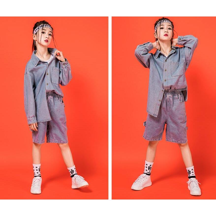 デポー キッズ子供 ダンス衣装 ヒップホップ ジャズダンス デニム シャツ ハーフパンツ 上下セットアップ ダンスウェア イベント発表会 舞台演出服 Kogler At