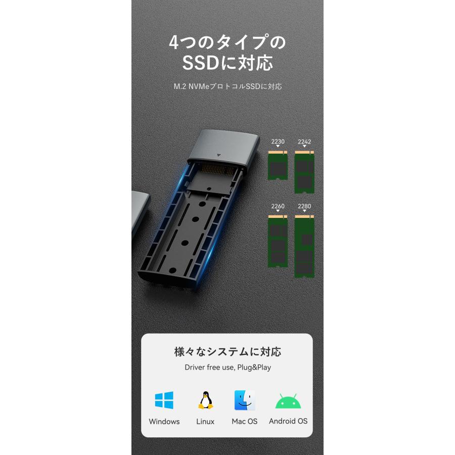 VENTION M.2 NVMe SSDエンクロージャー (USB 3.1 Gen 2-C) グレー