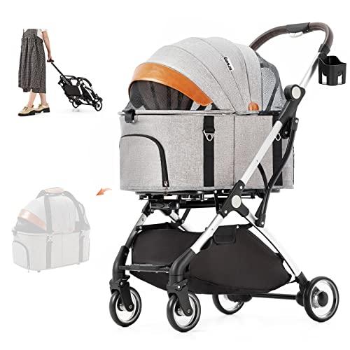 HRking.HANRAY 分離型 折りたたみ ペットカート 3wayモデル 対面式 4輪 犬用ベビーカー 前輪360°回転 後輪ブレーキ付 