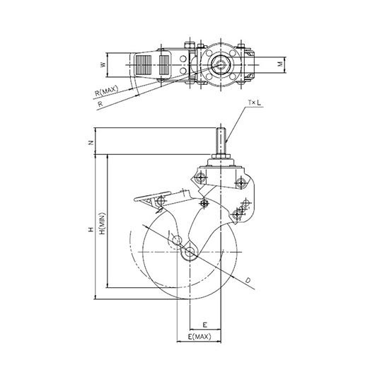 SKY-T型キャスター 自在車ねじ込み式 ストッパー付 ユーエイ SKY-T125SUES-1，M16×40 62-9800-19