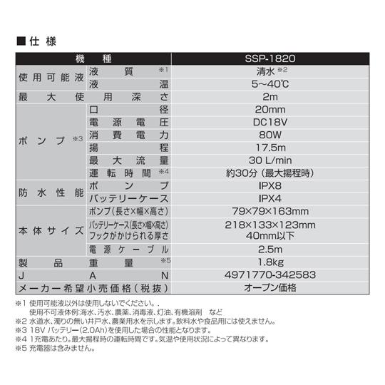 充電式水中ポンプ 18V 2.0Ah スマートシリーズ 工進 SSP-1820 (65-5606-77)_4