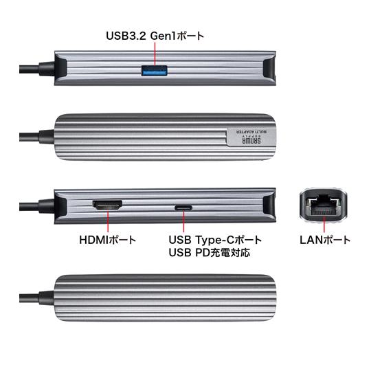 サンワサプライ USB Type-Cマルチ変換アダプタ HDMI+LAN付 USB-3TCHLP7S-1 (67-9331-05)｜a1-shop｜03