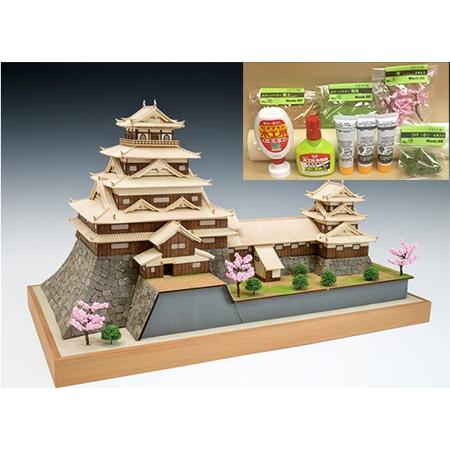 ウッディジョー/木製建築模型 1/150広島城+ジオラマ・塗料セット