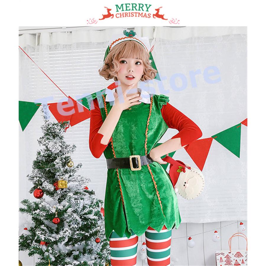 サンタ コスプレ クリスマス レディース コスプレ衣装 4点セット 七分袖 コスチューム クリスマスツリー 赤 緑 トップス パンツ タイト セット｜aa-store｜02