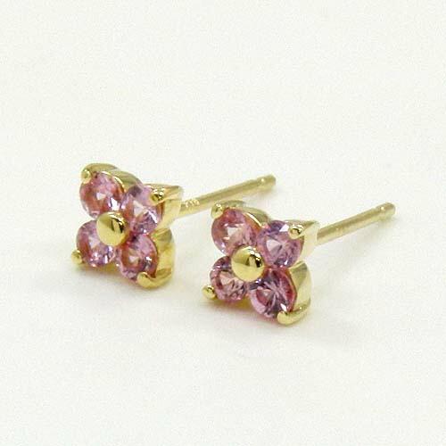 ゴールドピアス　花柄ピンク　キャッチk18 K18ピンクサファイヤフラワーモチーフピアス(シリコンキャッチ付