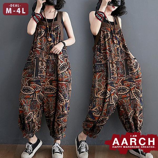 大きいサイズ レディース ファッション サロペット ぽっちゃり おおきいサイズ あり オーバーサイズ ボヘミアン柄 ゆったりオーバーオール M L Ll 3l 4l 春夏 79 以上節約