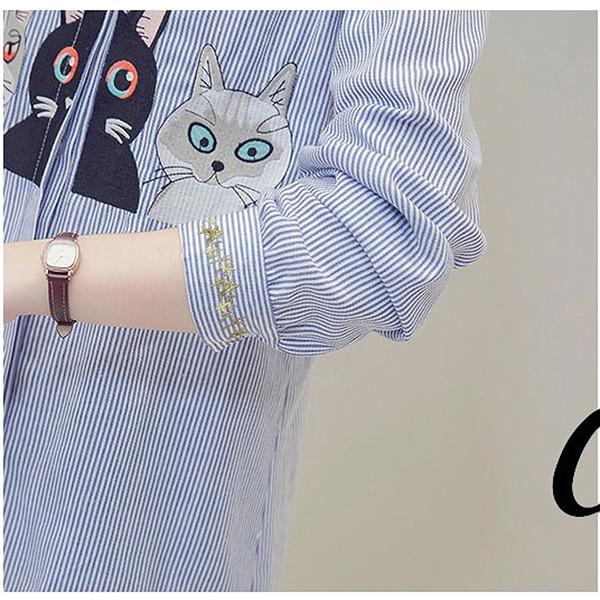 大きいサイズ シャツ レディース ファッション おおきいサイズ ストライプ柄 猫 ネコ キャット 刺繍 エンブロイダリー LL 3L 4L 5L 6L 秋冬 :aarch-w3047
