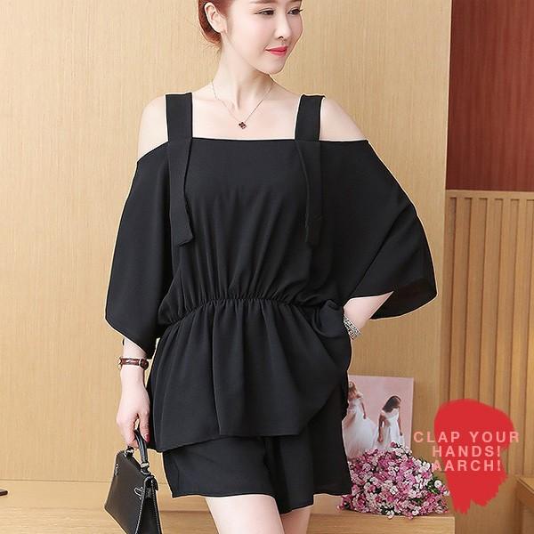 大きいサイズ セットアップ レディース ファッション ぽっちゃり おおきいサイズ あり オフショルダー風トップス ショートパンツ L Ll 3l 4l 5l 6l 春夏 人気絶頂