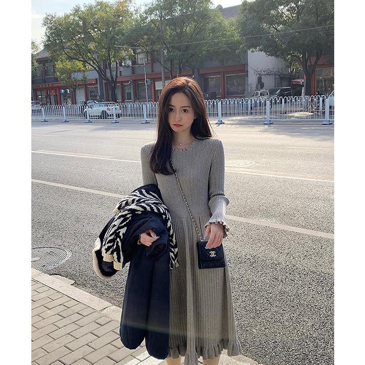 大きいサイズ レディース ファッション ワンピース ぽっちゃり おおきいサイズ あり 袖口 配色切替 ニット フィット フレア 上品 M L Ll 3l 4l 5l 秋冬 日本限定モデル