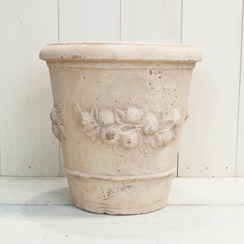 レア美品イタリアテラコッタ装飾鉢/鉢カバー　白に柊エンボス加工23.5　穴なし レア美品イタリアテラコッタ装飾鉢/鉢カバー 白に柊エンボス加工23.5 穴