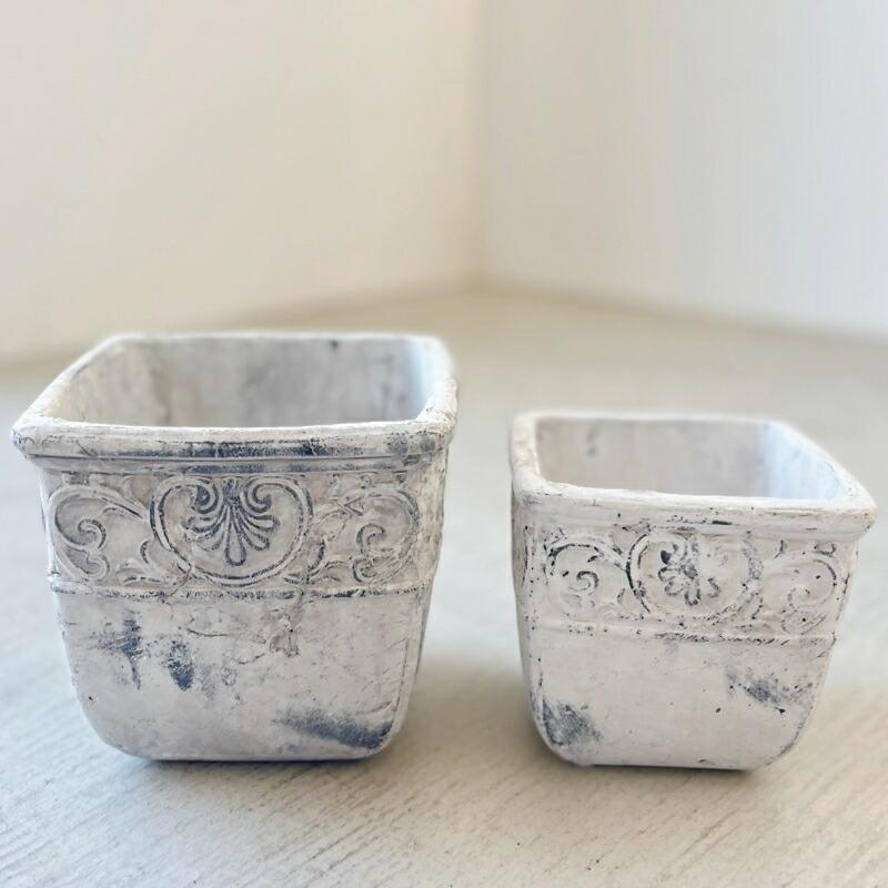 アンティーク 四角鉢 陶器 骨董品 植木鉢 四角 アンティーク クラナスキューブS＜ 13cm 4号 穴あり 白