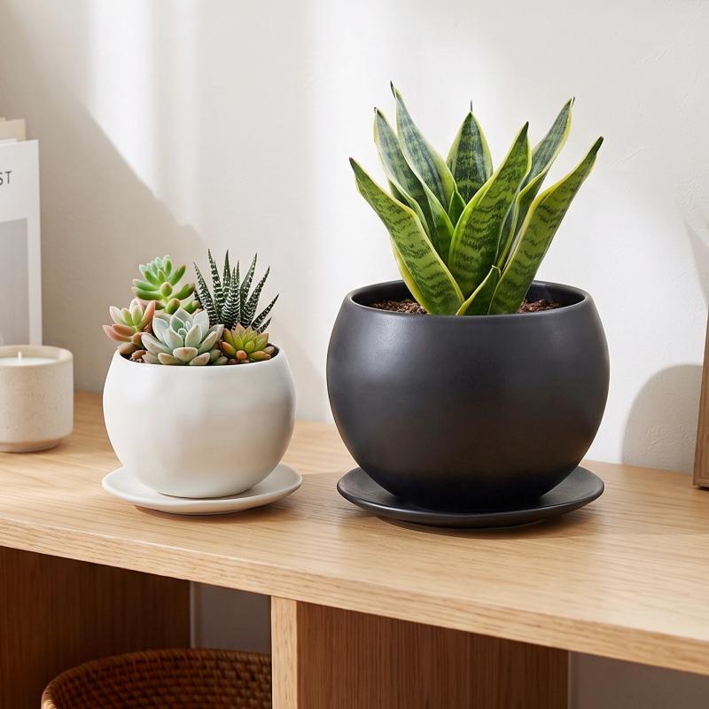 植木鉢 おしゃれ 陶器鉢 マリナM (2色) 12cm 4号 底穴あり 皿付 ツヤ
