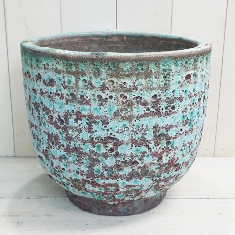 骨董品鉢足付き 植木鉢 おしゃれ アンティーク 陶器鉢 LT003S 34cm 11号 ブルー