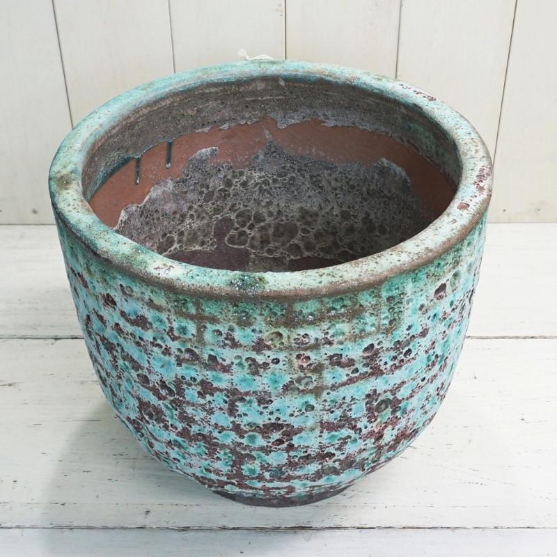 時代物色鮮やかな陶器の鉢 植木鉢 おしゃれ アンティーク 陶器鉢 LT003S 34cm 11号 ブルー