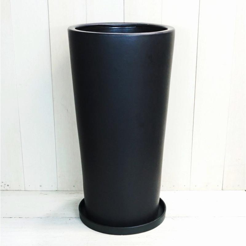 高級黒い陶器製植木鉢 植木鉢 おしゃれ 陶器鉢 トールラウンド S (2色) 25cm 8号 受け皿付 穴