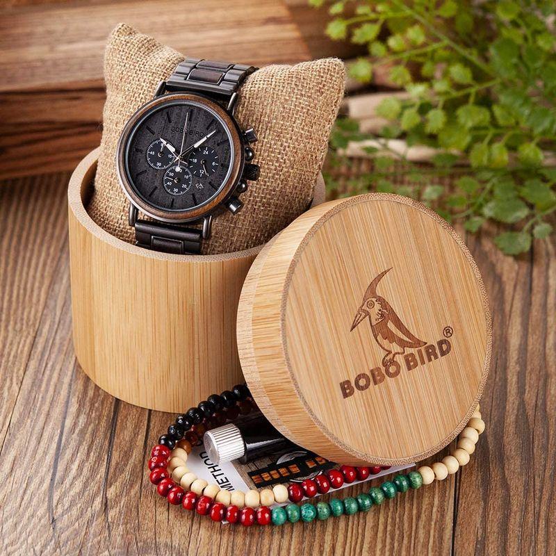 BOBO BIRD メンズ 木製腕時計 ビジネス カジュアル 腕時計 スタイリッシュ 黒檀 ステンレススチール クロノグラフ 木製ボックス付