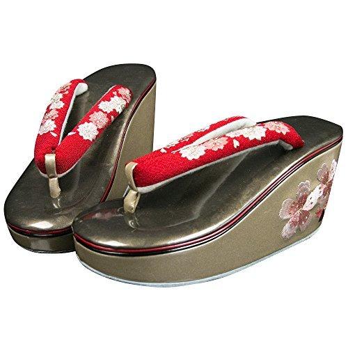 キョウエツ 草履 ヒール草履 こっぽり 刺繍入り大桜 金 紅葉 レディース (30-1.ブロンズ台赤)