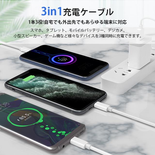 充電ケーブル 3A 急速充電 1.2m 充電ケーブル Lightning Type-C iPhone