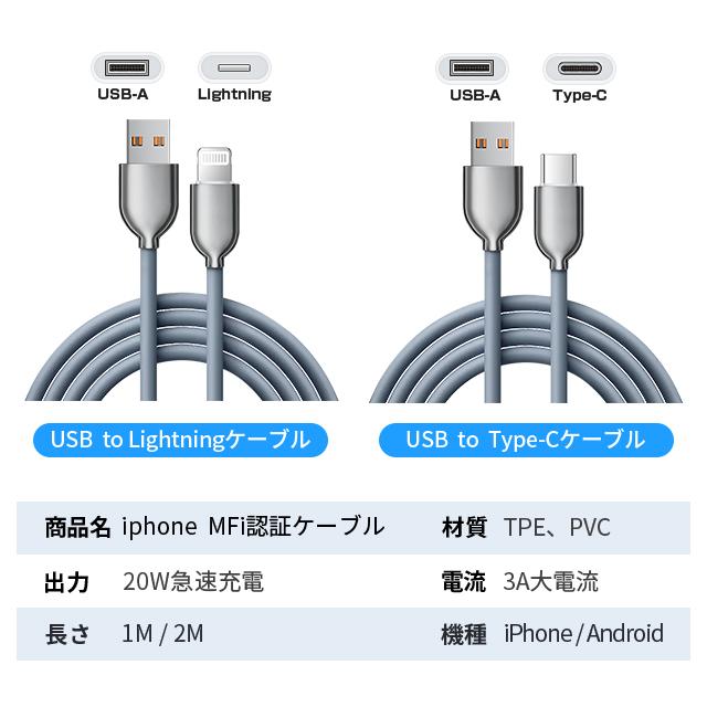 iPhone iPad iPod 高品質 1m 充電 ケーブル MFi認証 Android USB Type-C 強化 充電コード 20W 高速充電 Lightning タイプc 3A 充電器 8pin 高速データ｜ab-store2｜17