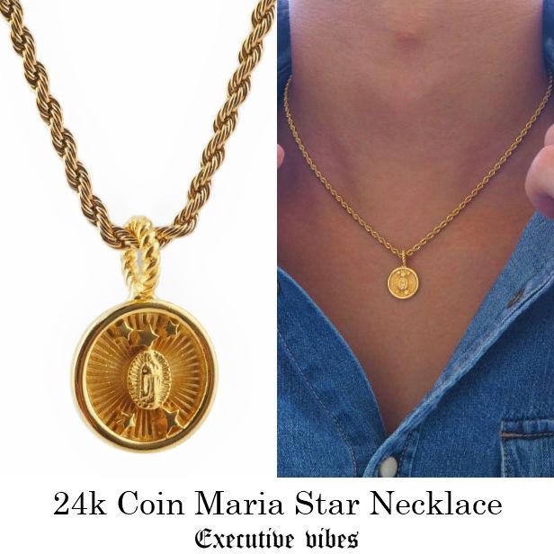 24Kゴールド風 聖母マリア ペンダント 24金 聖母マリア金貨 ネックレス 1g 18金 角型青時計枠 チェーン