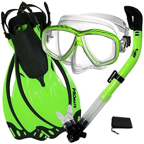 【新発売】 SM_Fins Promate Snorkeling Scuba Dive Mask Fins Dry Snorkel Gear Set, Green, Small/Medium, VEROMAN 805c26e3