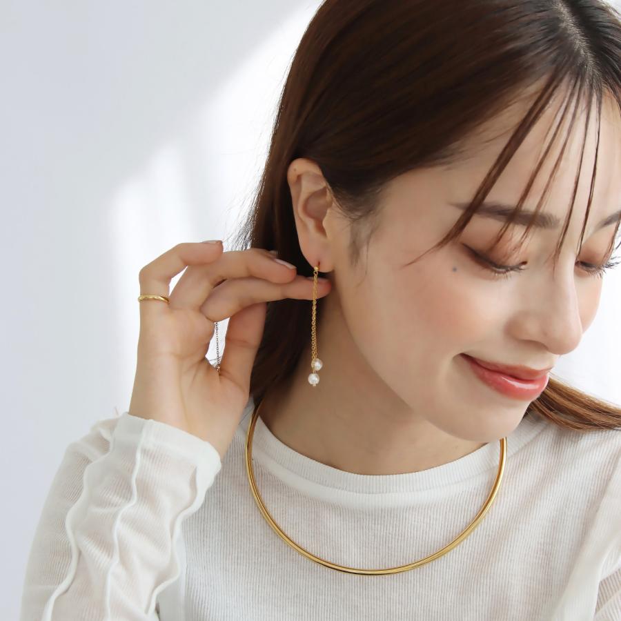 金属アレルギー対応 ピアス ツインパールロングピアス 揺れる