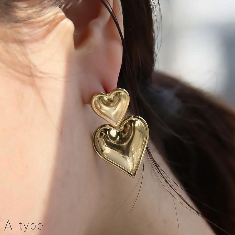 金属アレルギー対応 ピアス ダブル ハート 18K サージカルステンレス 