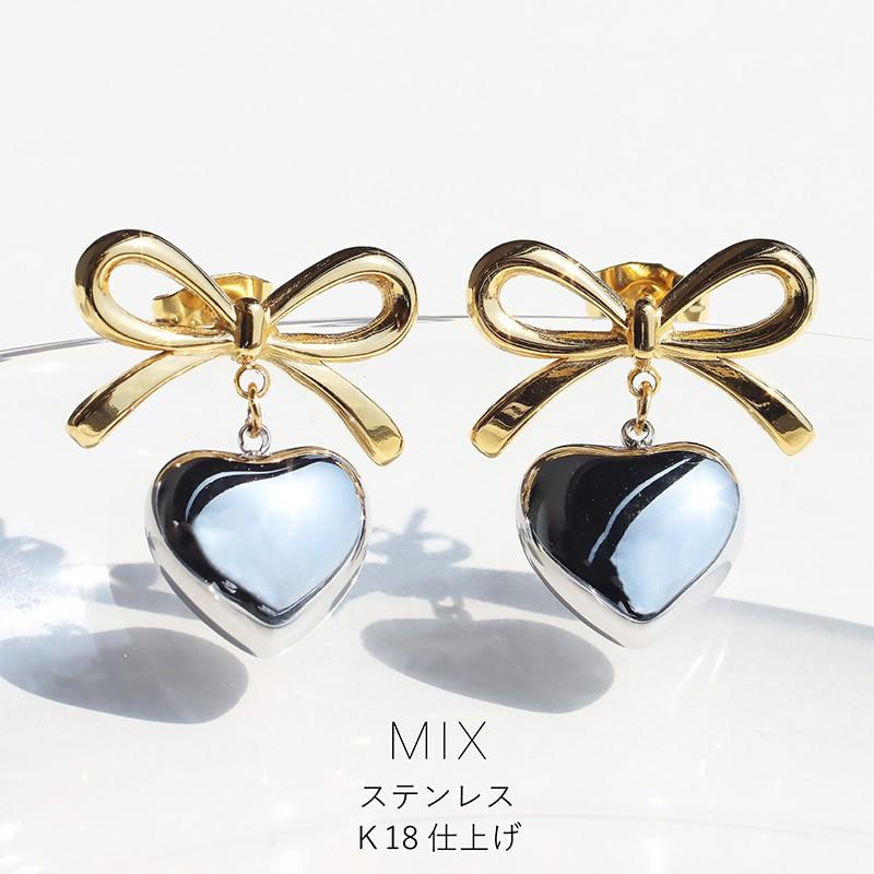ピアス ハートリボンピアス 揺れる ミックス ゴールド シルバー 金属