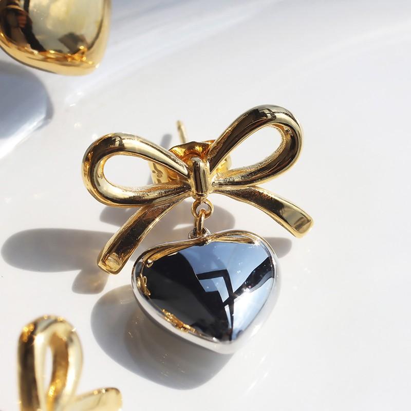 ピアス ハートリボンピアス 揺れる ミックス ゴールド シルバー 金属