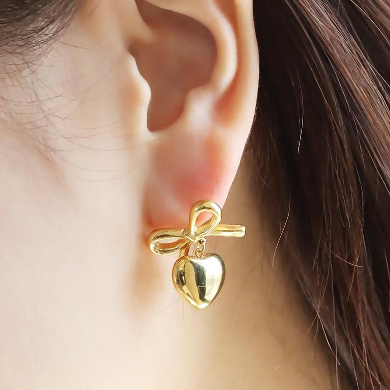ピアス ハートリボンピアス 揺れる ミックス ゴールド シルバー 金属