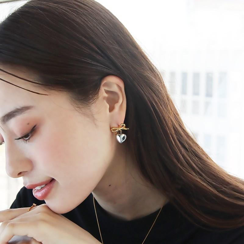 ピアス ハートリボンピアス 揺れる ミックス ゴールド シルバー 金属