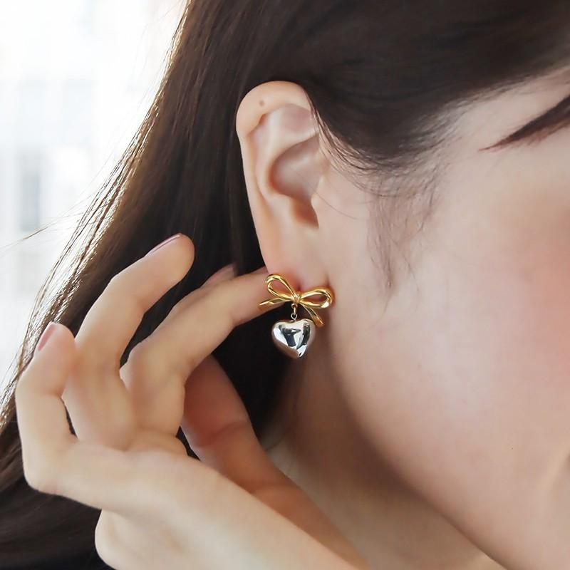ピアス ハートリボンピアス 揺れる ミックス ゴールド シルバー 金属 