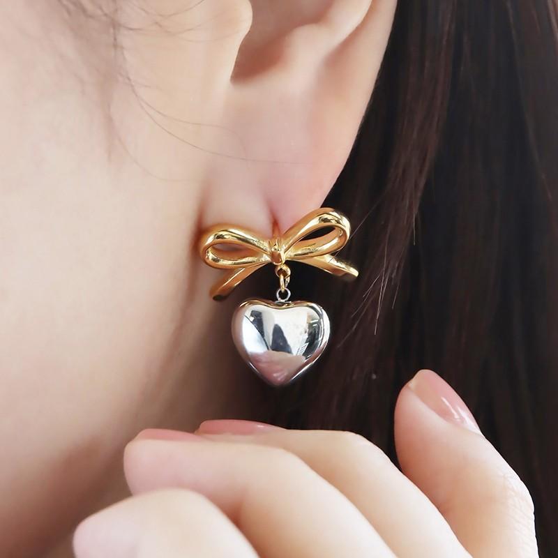 ピアス ハートリボンピアス 揺れる ミックス ゴールド シルバー 金属